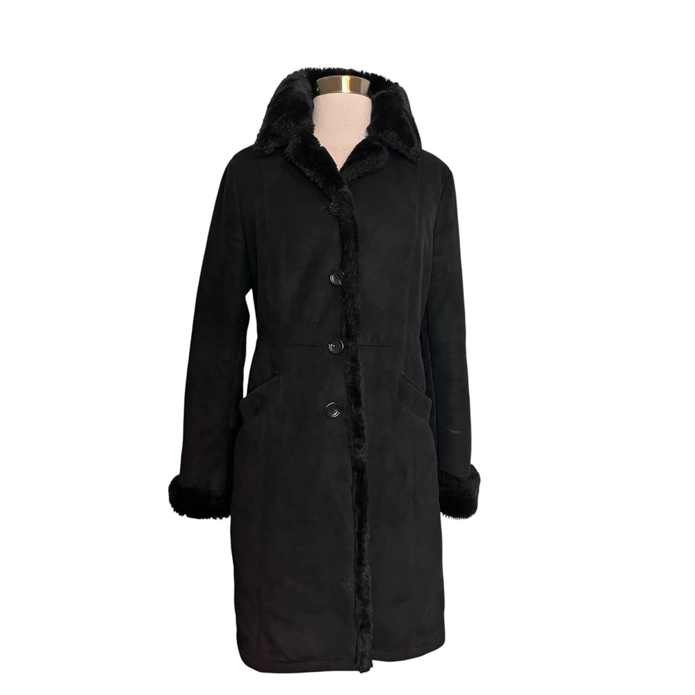 Ann Taylor faux suede coat Size Small Black with faux fur lining and trim